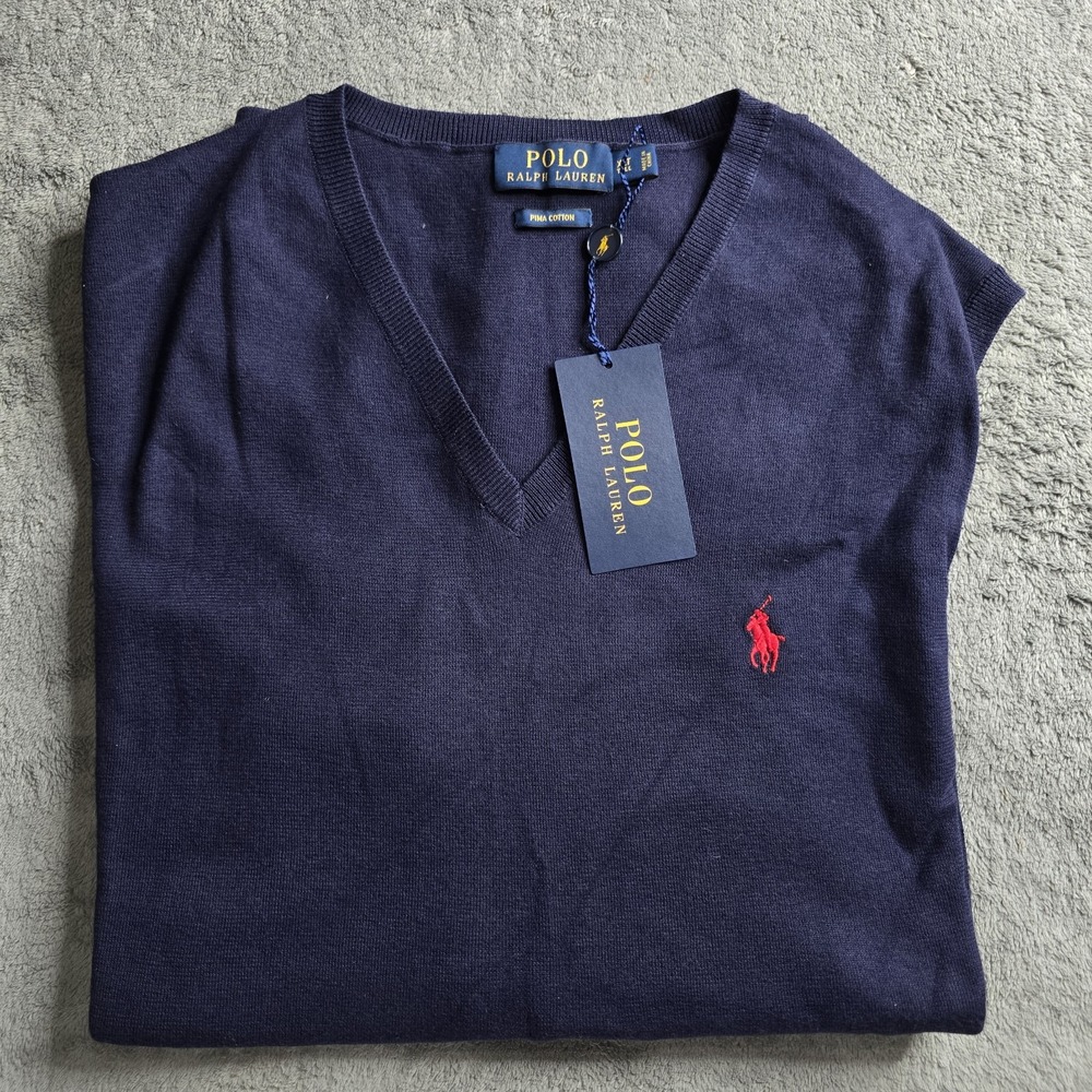 NWT Polo Ralph Lauren V-Neck Sweater Vest Mens XLT Blue Pima Cotton Red Pony
